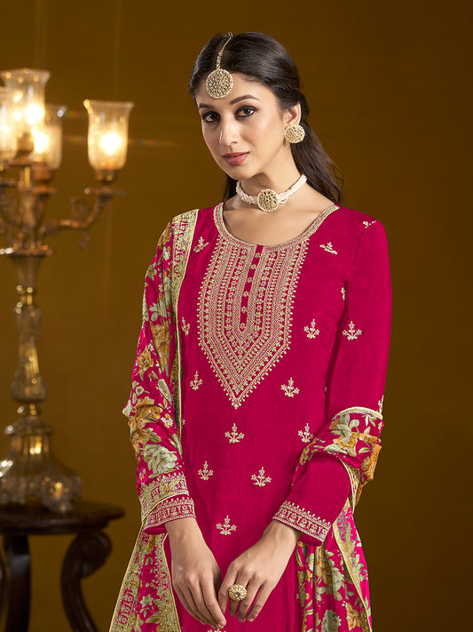 Rani Pink Chinon Floral Printed Palazzo Suit With Printed Dupatta