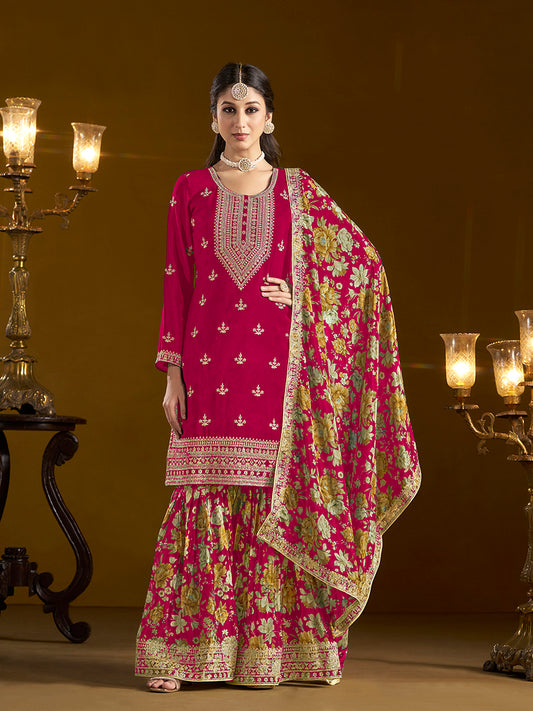 Rani Pink Chinon Floral Printed Palazzo Suit With Printed Dupatta