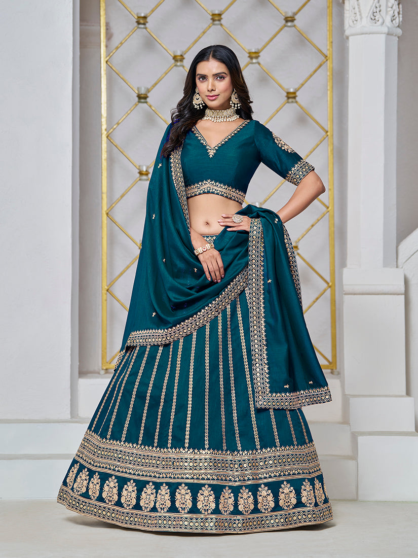 Teal Art Silk Embroidered Designer Lehenga Choli