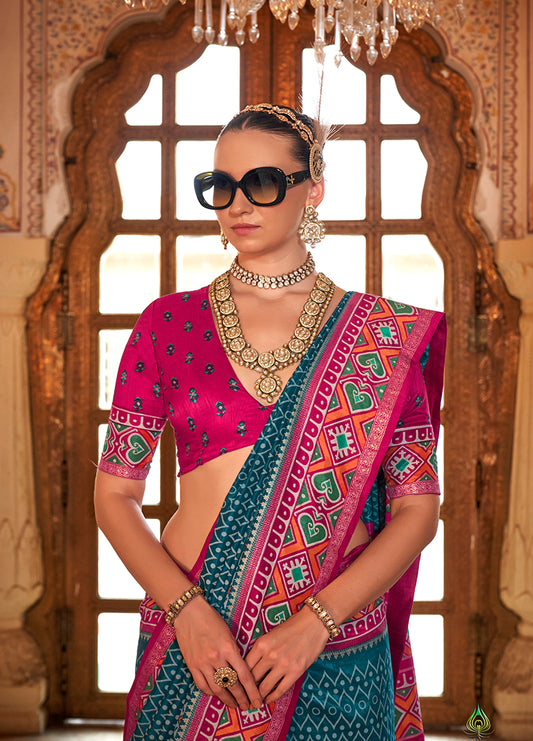 Teal Blue Silk Blend Patola Printed Saree