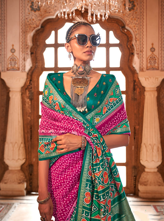Rani Pink Silk Blend Patola Printed Saree
