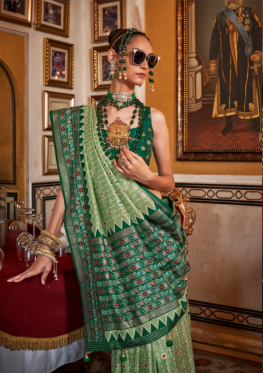 Light Green Silk Printed Saree With Contrast Blouse
