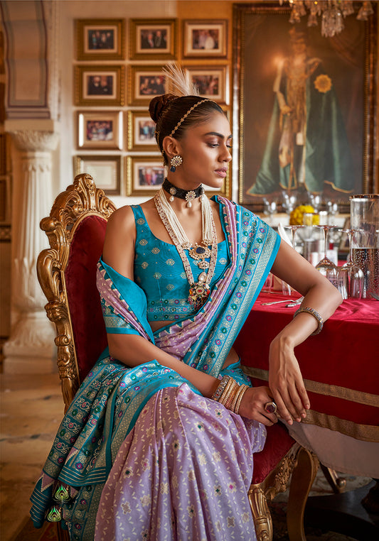 Lavender Silk Printed Saree With Contrast Blouse