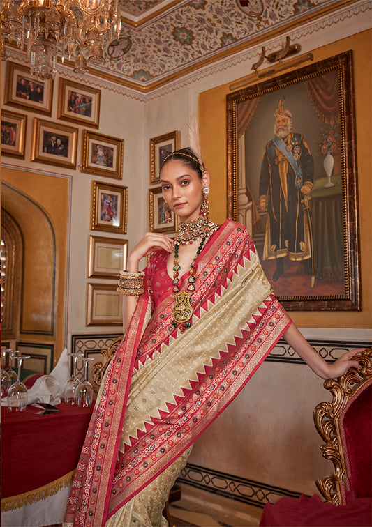 Cream Silk Printed Saree With Contrast Blouse