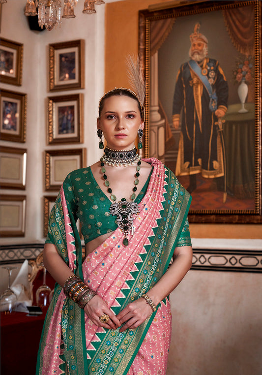 Light Pink Silk Printed Saree With Contrast Blouse