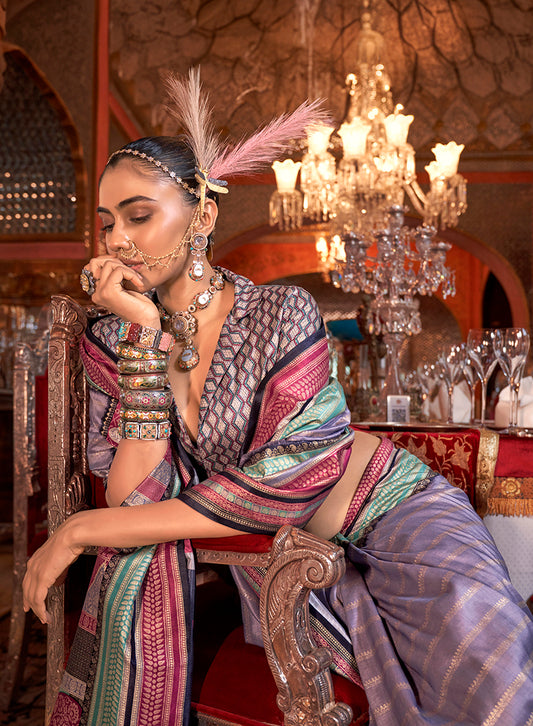 Lavender Colour Silk Weaving Work Saree With Contrast Border