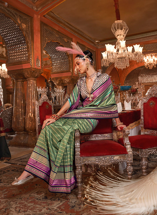 Green Colour Silk Weaving Work Saree With Contrast Border