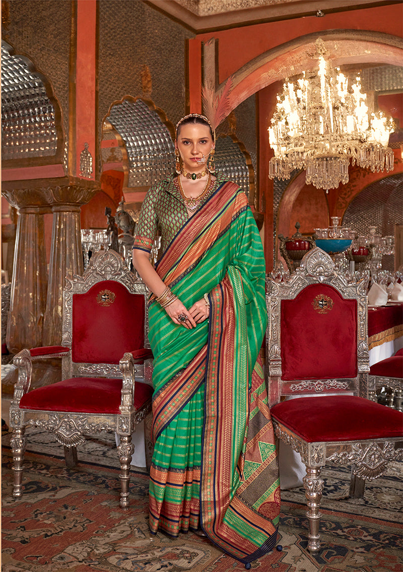 Green Colour Silk Weaving Work Saree With Contrast Border