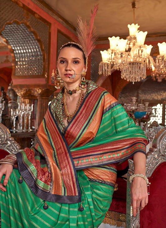 Green Colour Silk Weaving Work Saree With Contrast Border
