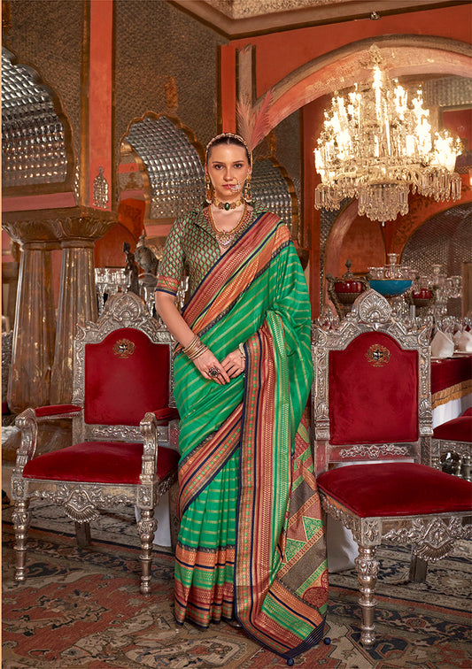 Green Colour Silk Weaving Work Saree With Contrast Border