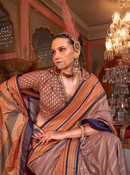 Light Mauve Colour Silk Weaving Work Saree With Contrast Border