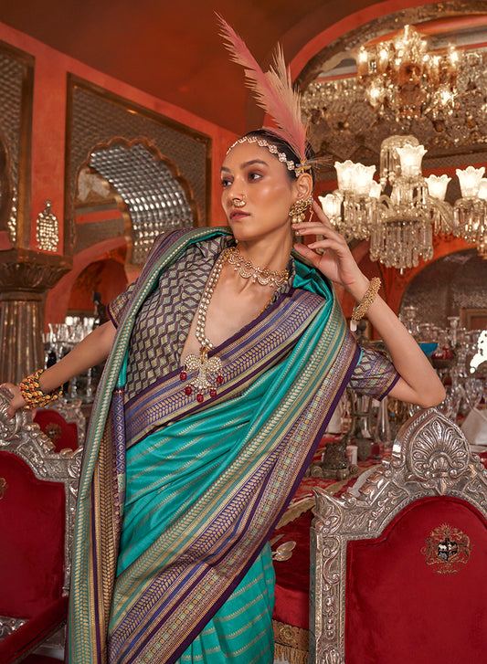 Turquoise Colour Silk Weaving Work Saree With Contrast Border