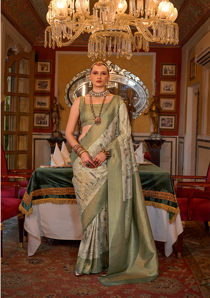 Beige And Light Green Tussar Silk Digital Print Zari Border Saree