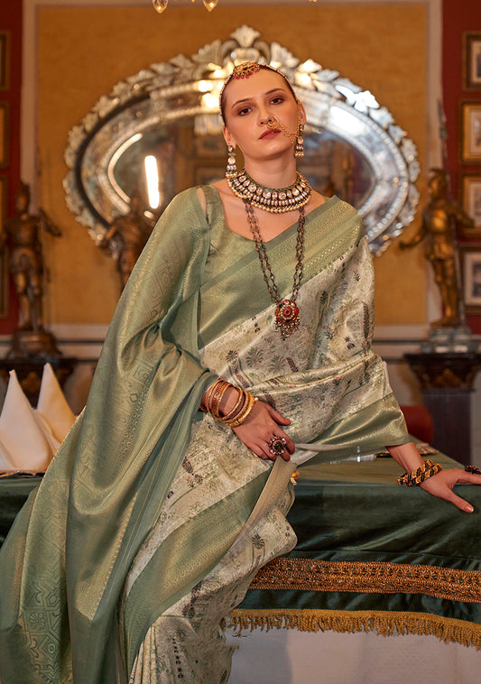 Beige And Light Green Tussar Silk Digital Print Zari Border Saree