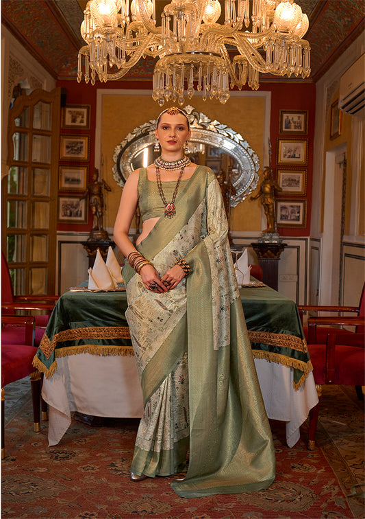 Beige And Light Green Tussar Silk Digital Print Zari Border Saree