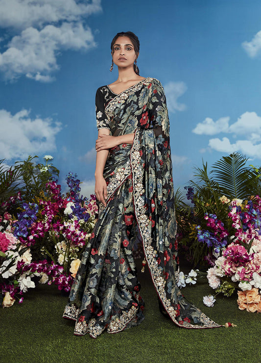Brasso Black Embroidered Floral Patterns Classic Saree