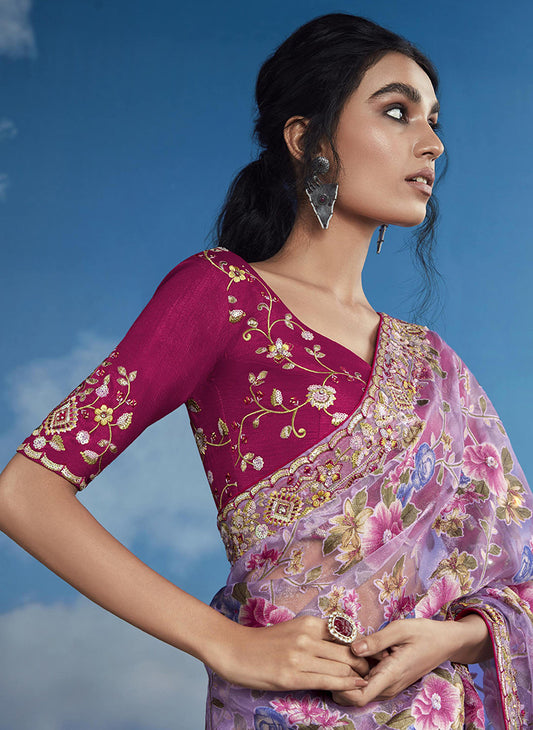 Brasso Lavender Embroidered Floral Patterns Classic Saree