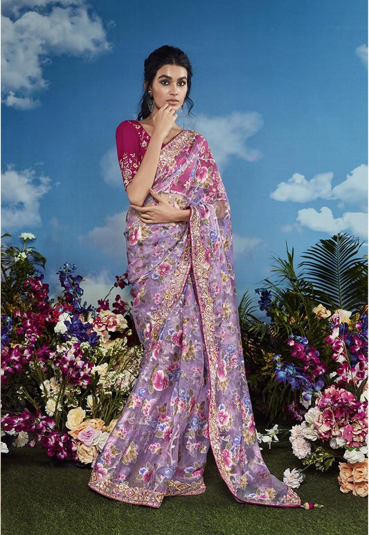 Brasso Lavender Embroidered Floral Patterns Classic Saree