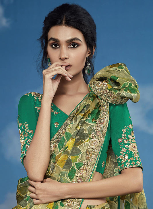 Brasso Green Embroidered Floral Patterns Classic Saree