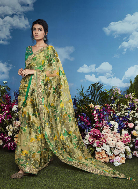 Brasso Green Embroidered Floral Patterns Classic Saree