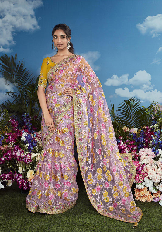 Brasso Light Pink Embroidered Floral Patterns Classic Saree