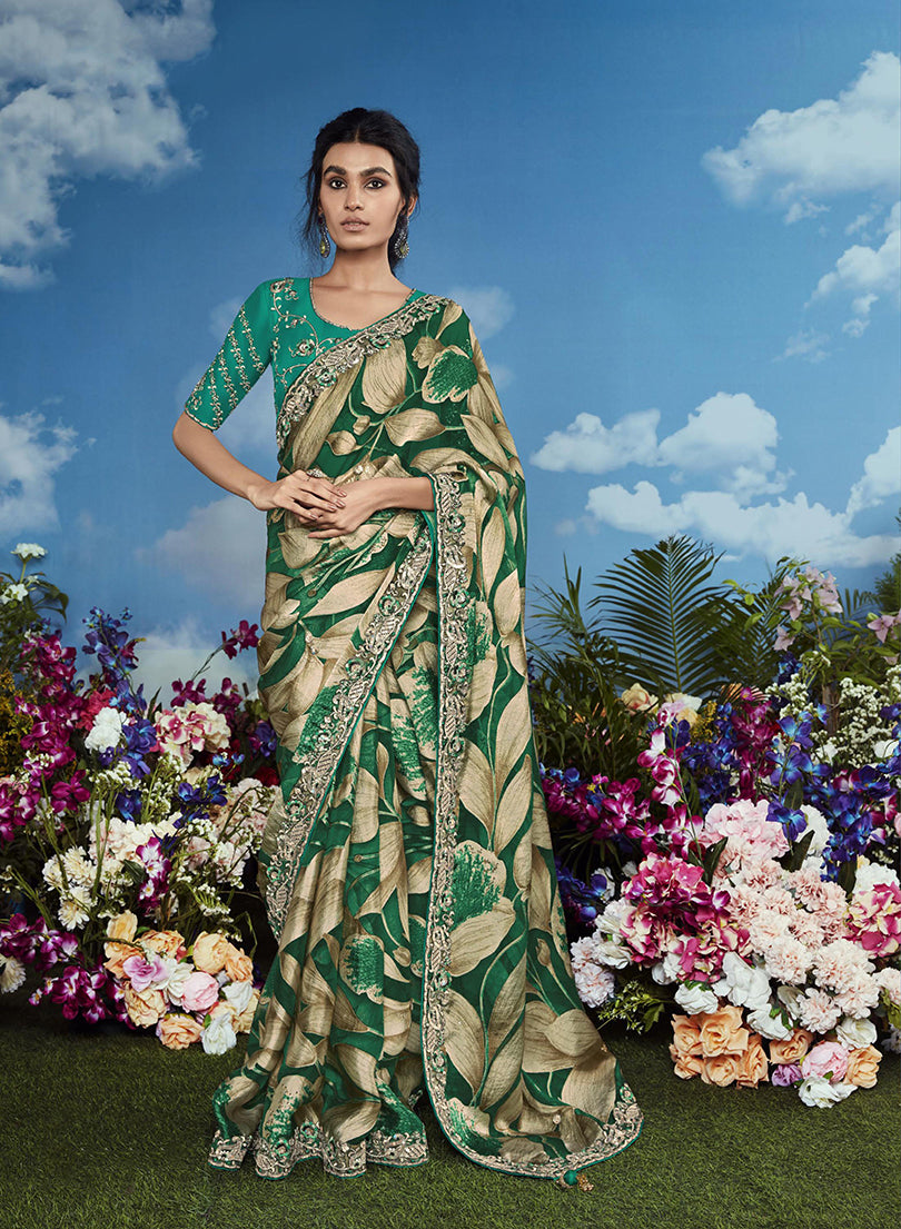 Brasso Green Embroidered Floral Patterns Classic Saree