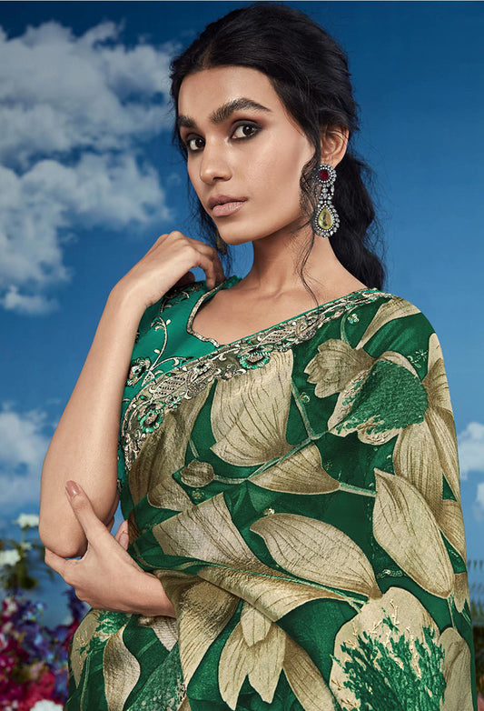 Brasso Green Embroidered Floral Patterns Classic Saree