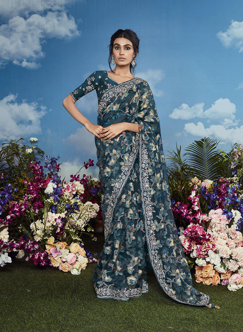 Brasso Dark Teal Embroidered Floral Patterns Classic Saree