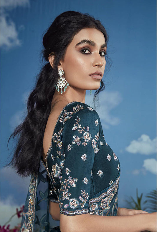 Brasso Dark Teal Embroidered Floral Patterns Classic Saree