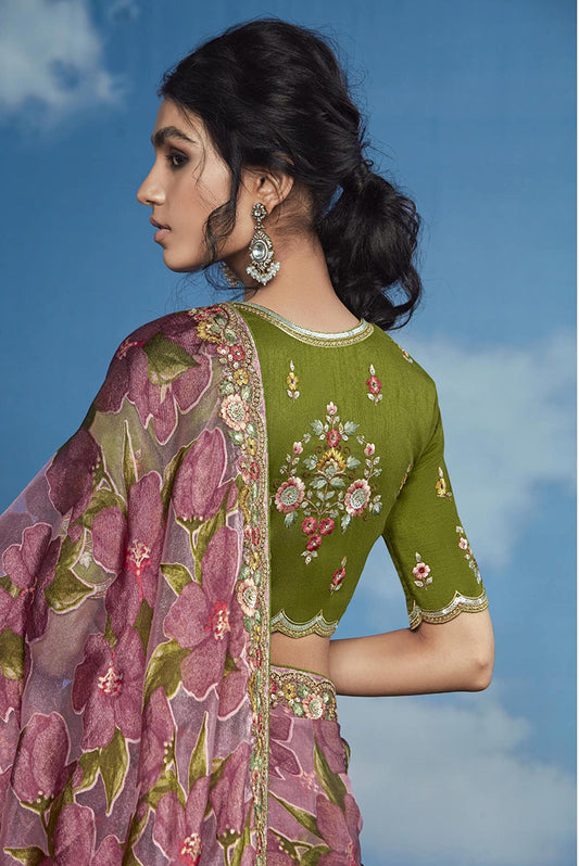 Brasso Light Mauve Embroidered Floral Patterns Classic Saree