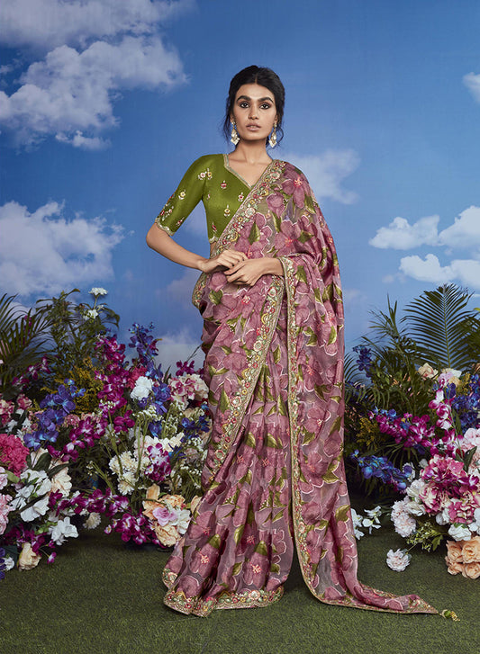 Brasso Light Mauve Embroidered Floral Patterns Classic Saree