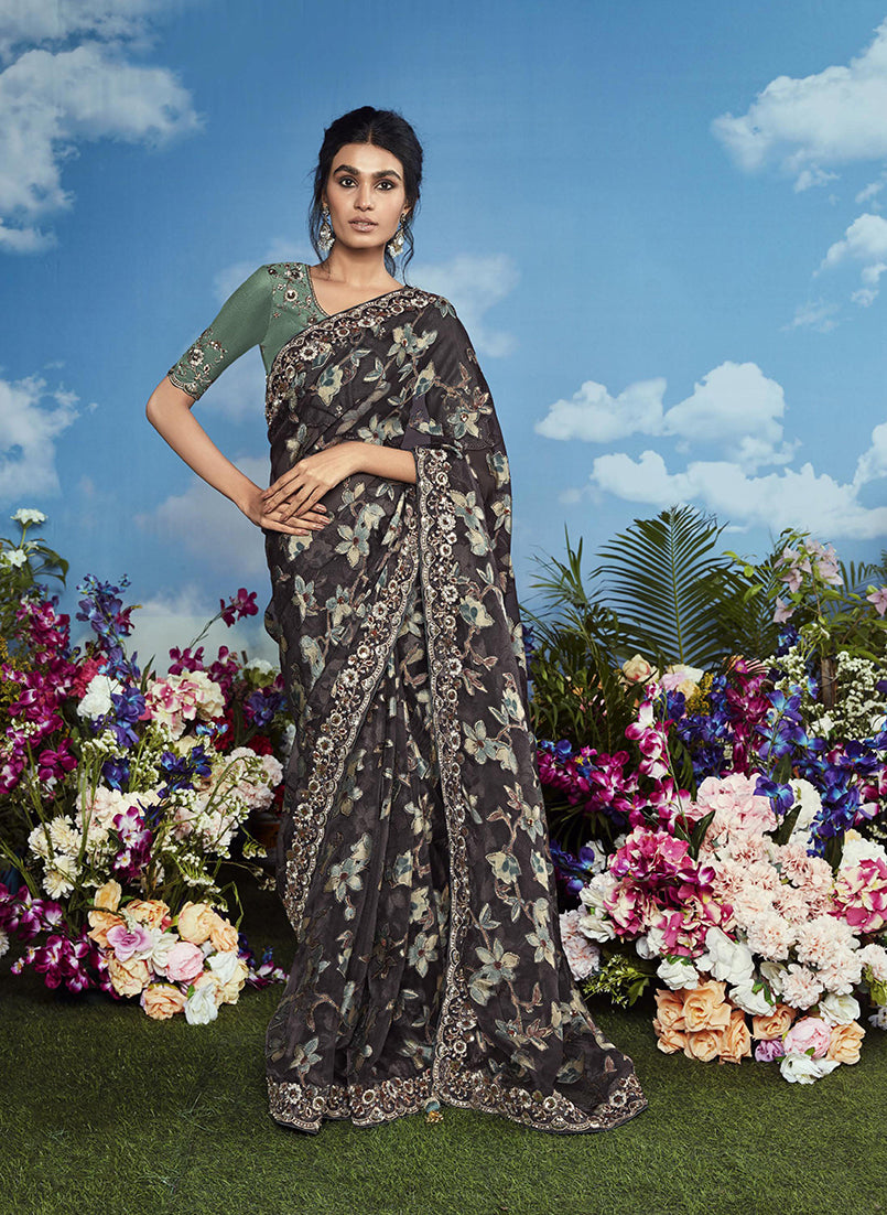 Brasso Black Embroidered Floral Patterns Classic Saree