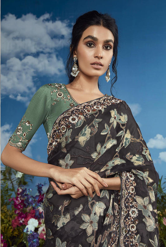 Brasso Black Embroidered Floral Patterns Classic Saree