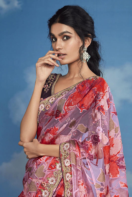 Brasso Light Pink Embroidered Floral Patterns Classic Saree