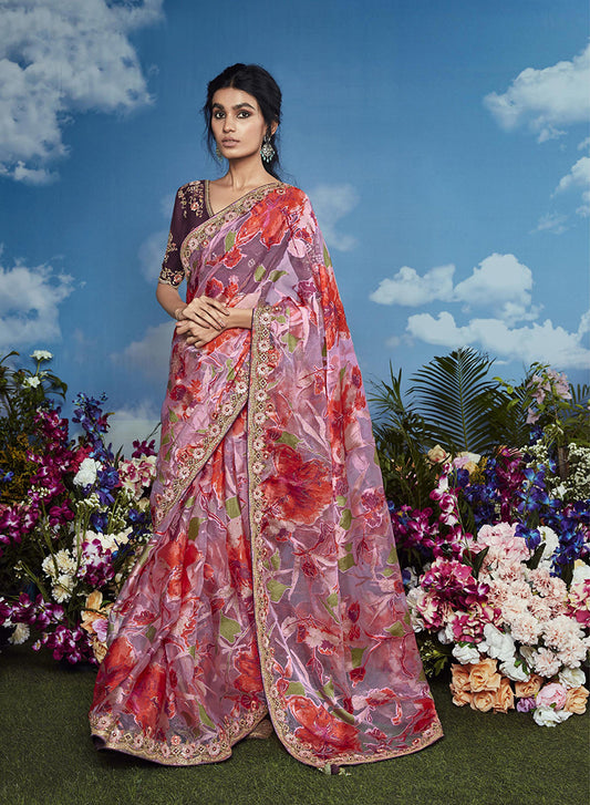 Brasso Light Pink Embroidered Floral Patterns Classic Saree
