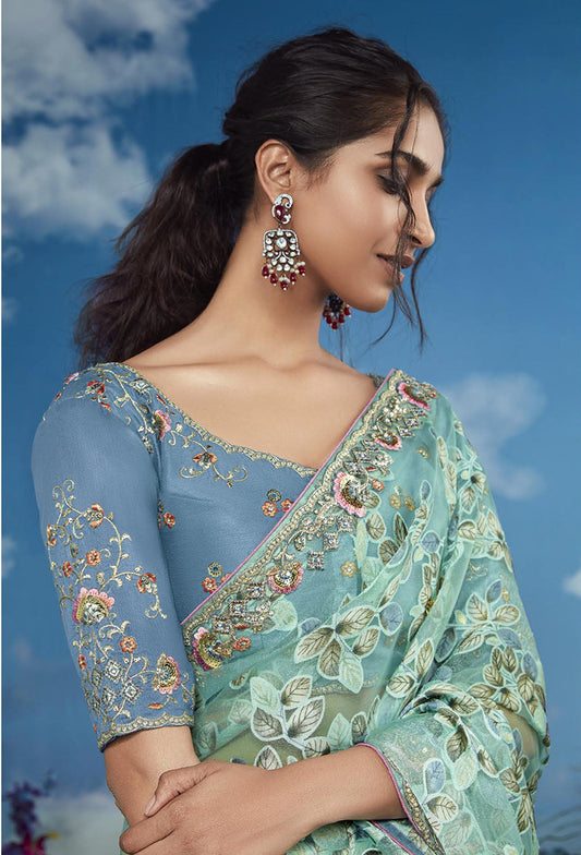 Brasso Light Turquoise Embroidered Floral Patterns Classic Saree