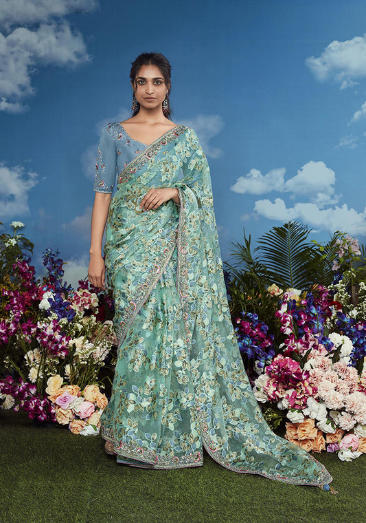 Brasso Light Turquoise Embroidered Floral Patterns Classic Saree