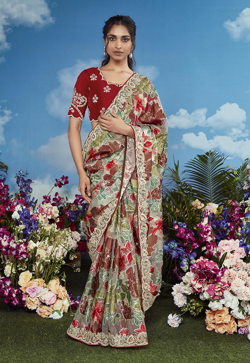 Brasso Multi Embroidered Floral Patterns Classic Saree