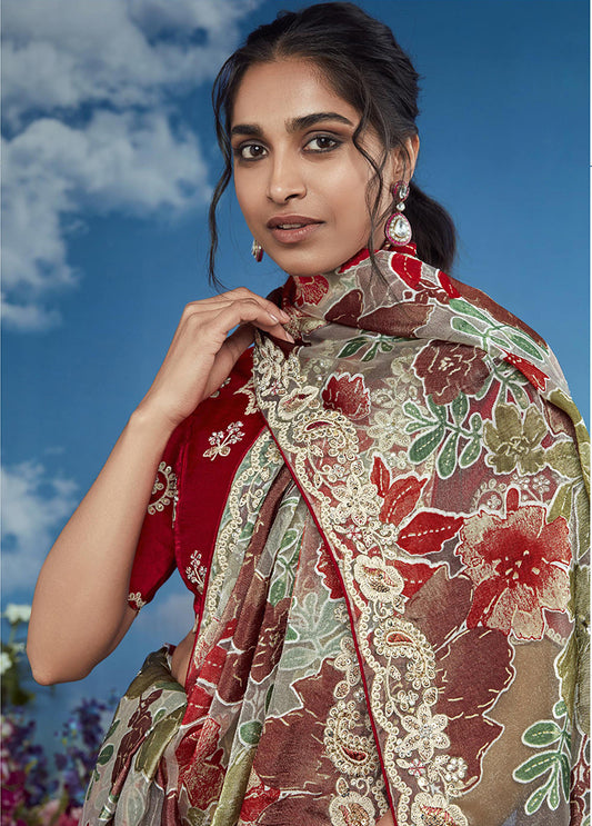 Brasso Multi Embroidered Floral Patterns Classic Saree