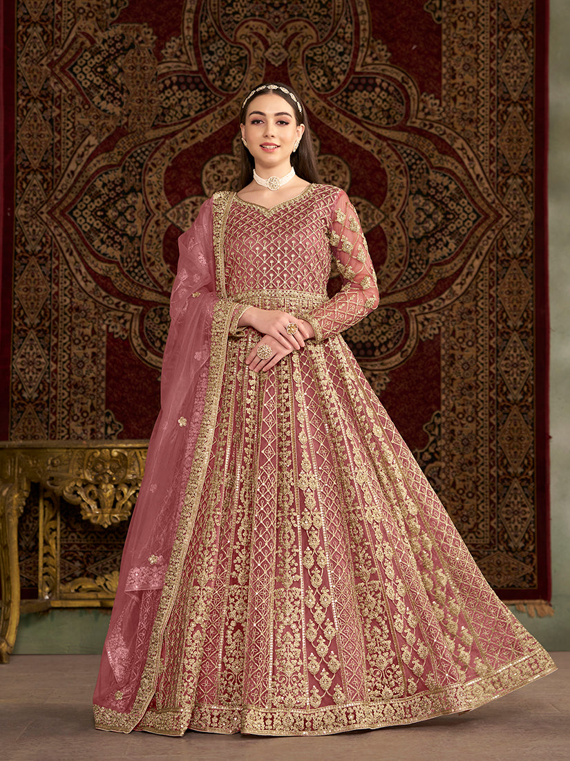 Pink Net Heavy Work Floor Length Gown With Dupatta