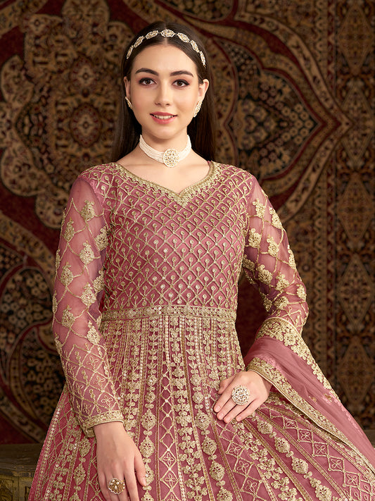 Pink Net Heavy Work Floor Length Gown With Dupatta