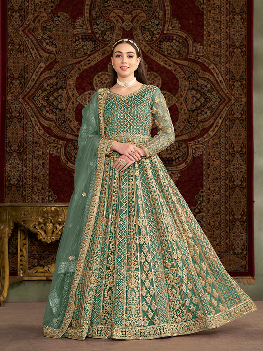 Light Green Net Heavy Work Floor Length Gown With Dupatta