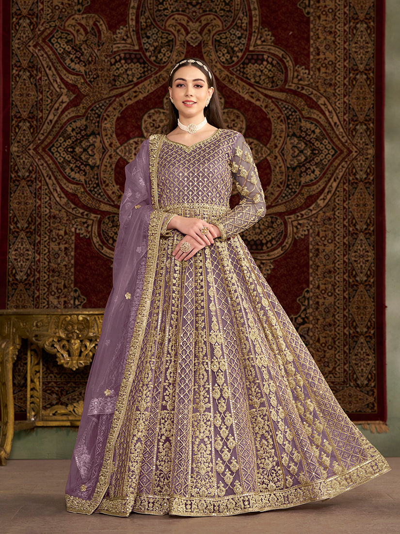 Lilac Net Heavy Work Floor Length Gown With Dupatta