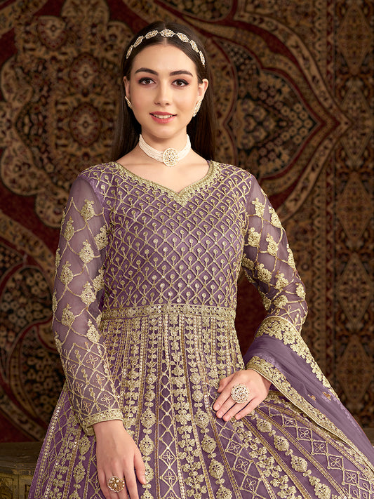 Lilac Net Heavy Work Floor Length Gown With Dupatta