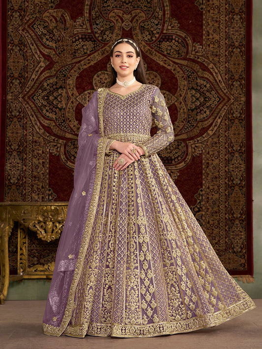 Lilac Net Heavy Work Floor Length Gown With Dupatta