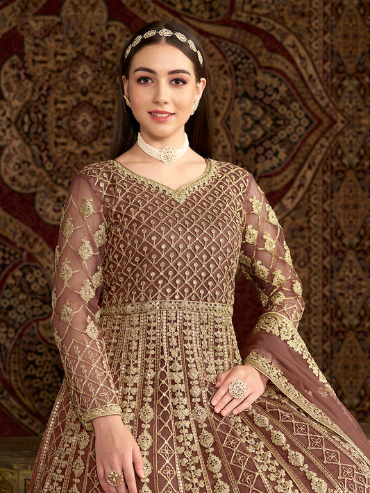 Brown Net Heavy Work Floor Length Gown With Dupatta