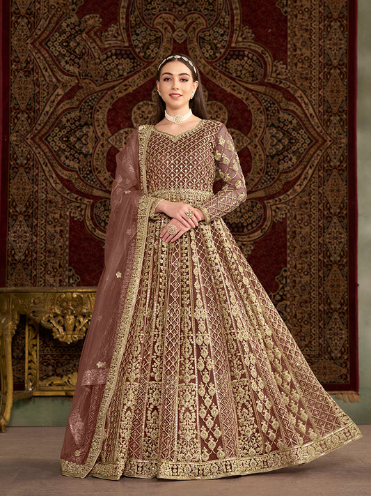 Brown Net Heavy Work Floor Length Gown With Dupatta