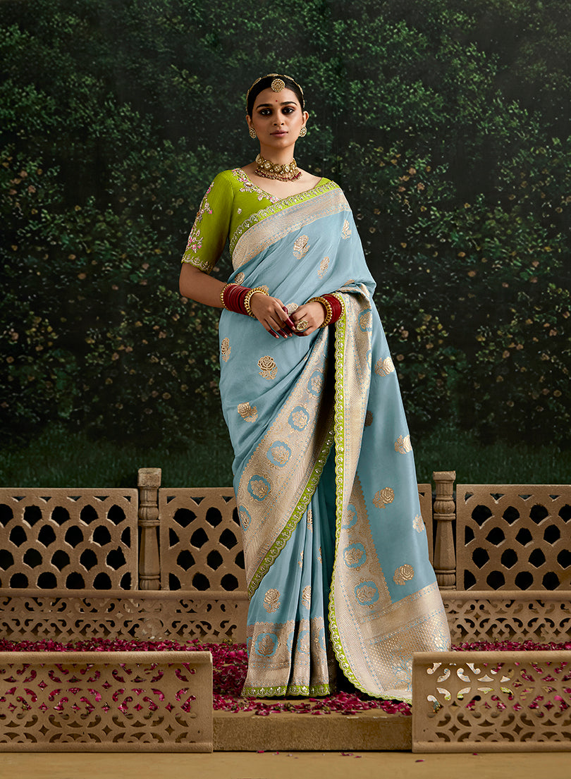 Sequins Embroidered Border Work Dola Silk Aqua Blue Festive Wear Saree