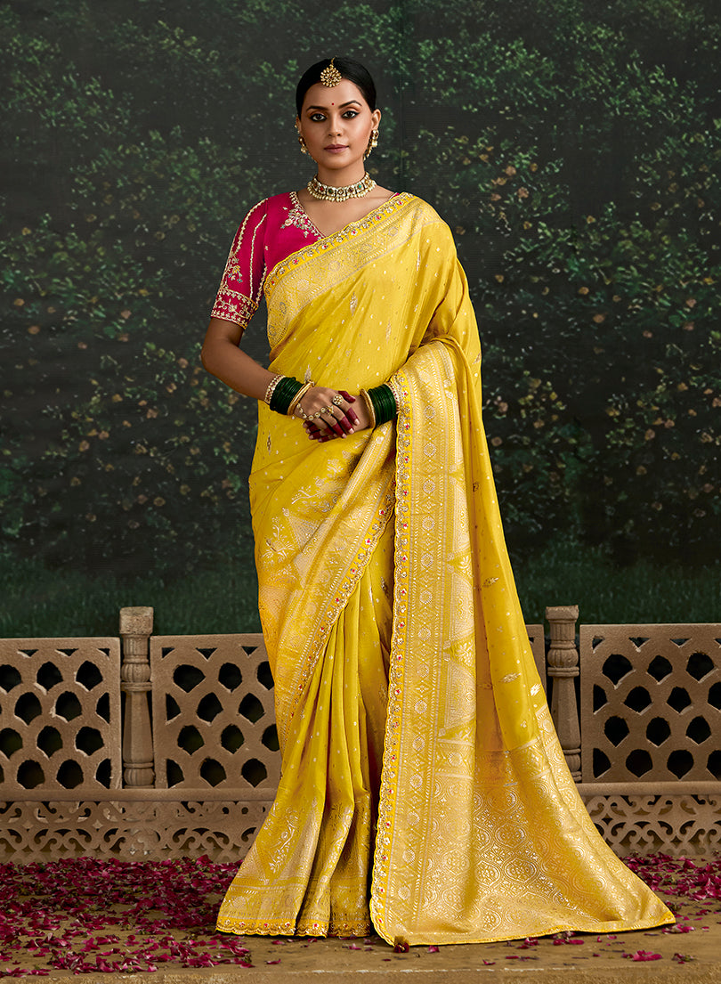 Sequins Embroidered Border Work Dola Silk Yellow Festive Wear Saree