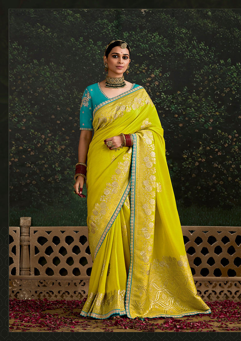 Sequins Embroidered Border Work Dola Silk Lime Yellow Festive Wear Saree